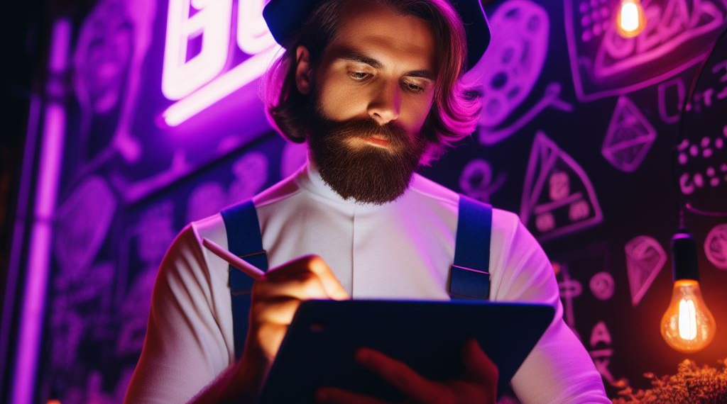 Image générée par Bing avec le Prompt : “Une peintre allemande portant un béret assise à la terrasse d'un café geek éclairé aux néons violets, écrivant 10 commandements sur une tablette iPad,”